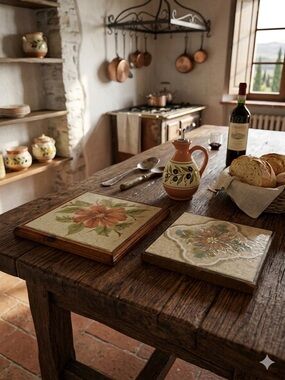 Pair of Vintage Italian Ceramic Tile Trivets  Mismatched Grandma Italy 1970s